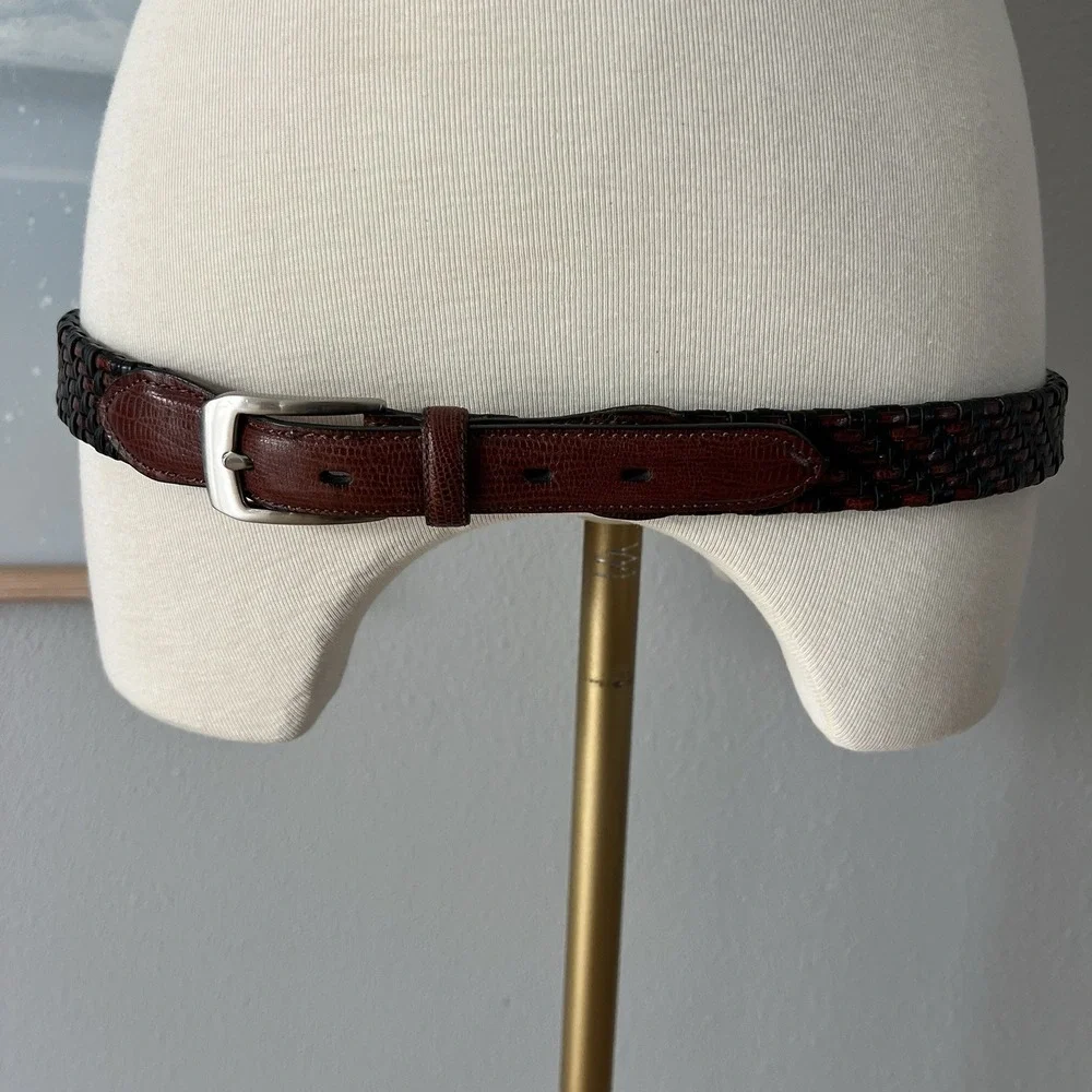 1980's Vintage Woven Leather Belt Black Brown Faux Snakeskin Sz 38 Boho Retro